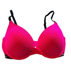 Victoria's Secret PINK Neon Pink Leopard Lace Push-Up Bra 32DD Black Logo Band